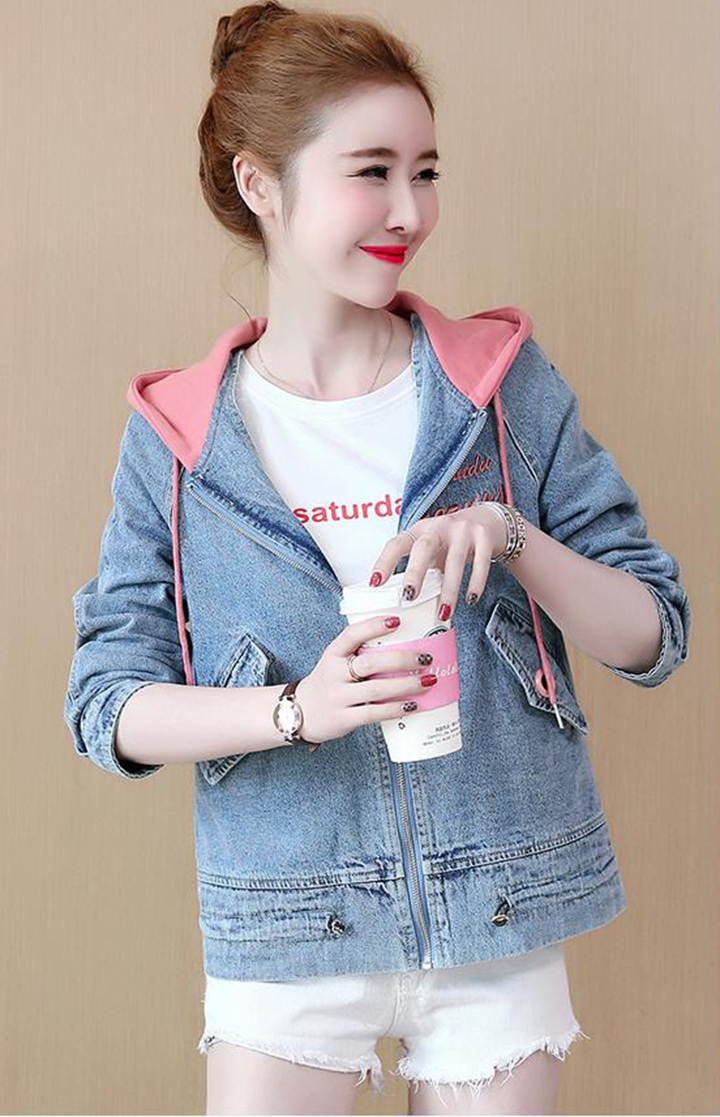 ÁO KHOÁC JEAN IN CHỮ PHỐI NÓN HỒNG